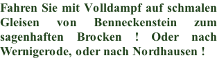 Fahren Sie mit Volldampf auf schmalen  Gleisen von Benneckenstein zum  sagenhaften Brocken ! Oder nach  Wernigerode, oder nach Nordhausen !